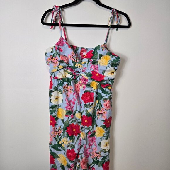 Old Navy Size L Tie-Shoulder Cropped Linen Blend Smocked Wide Floral Jumpsuit - Picture 3 of 11